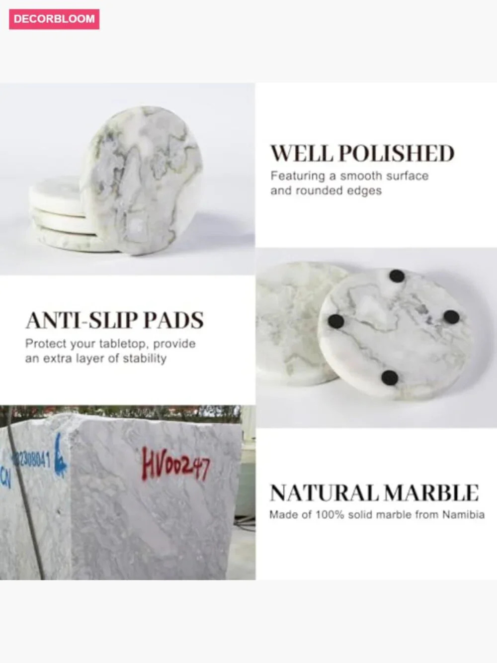 Natural Marble Coaster Set of 4, Round Heat Resistant for Drinks